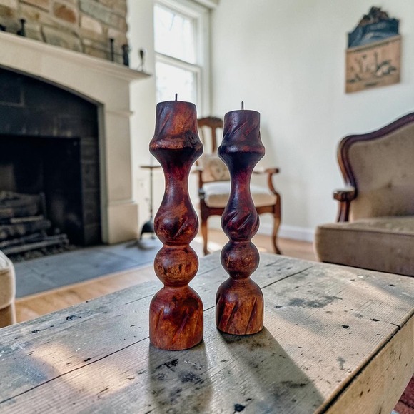 The Unbranded Brand Other - Set of 2 - Vintage Stick Candle Wood Pedestals, Handcarved